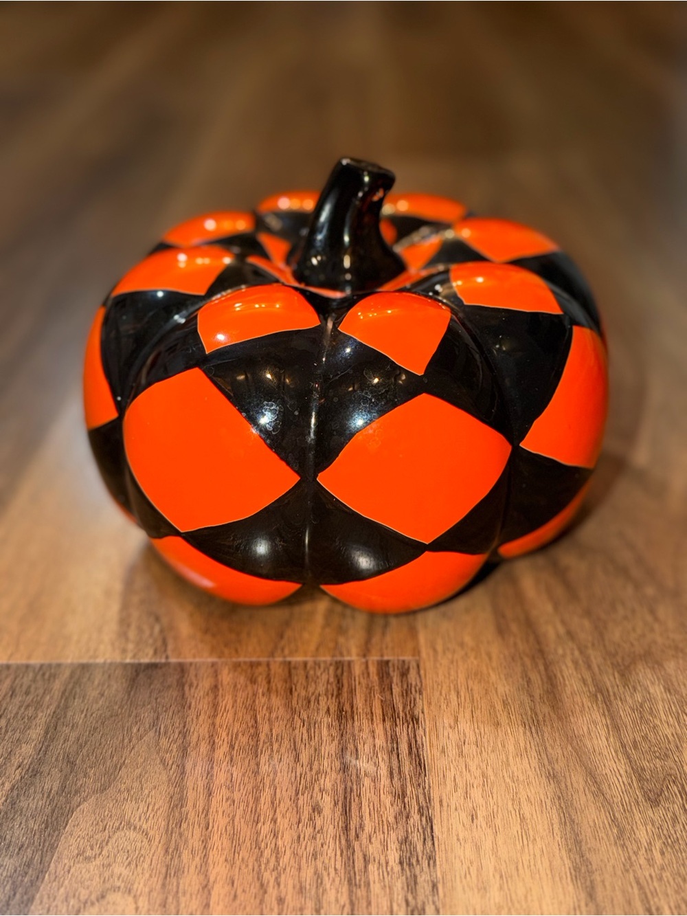 MacKenzie Childs Style Black Orange Harlequin Ceramic Pumpkin Decor